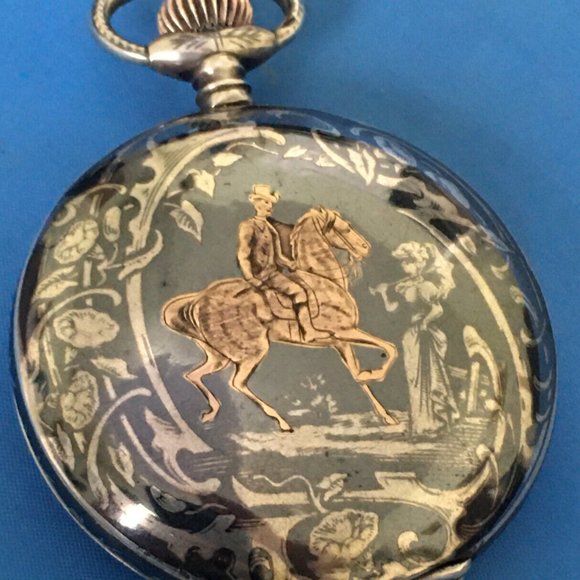 Antique / Vintage Lyst Glashute Niello Lovers Silver Rose Gold Pocket Watch Runs - Picture 2 of 10